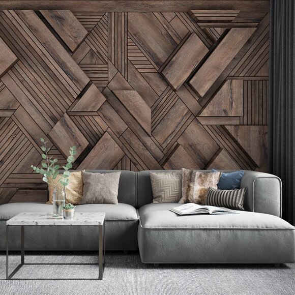 3D Geometric Wood Wallpaper in Brown | Modern Textured Wall Art | Designer Wallp - Picture 1 of 9